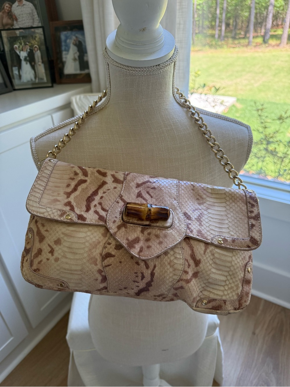 Elaine Turner Python Embossed Clutch w/ Bamboo Clasp & Chain Strap